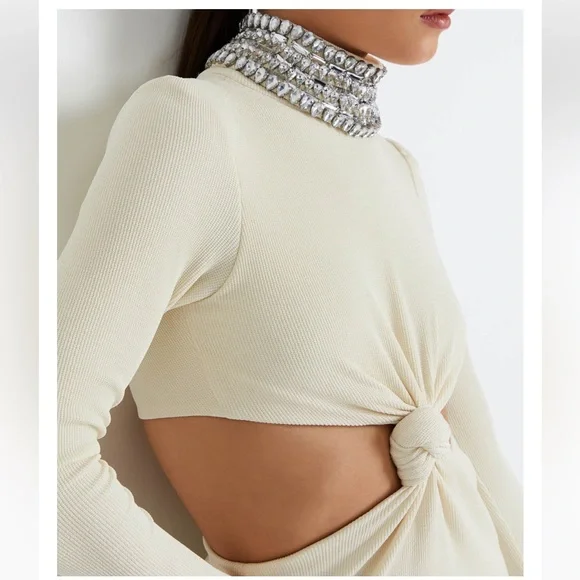 PatBO Cream Knit Midi Dress with Embellished Collar - Picture 3 of 7